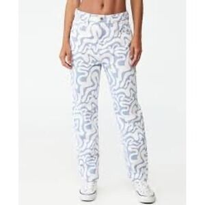 Cotton On Women's Long Straight Leg Jeans Size 4 Blue‎ White Swirl Print